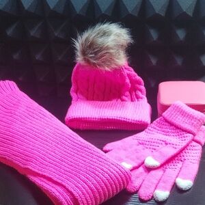 Pink Womens  Pom Beanie, Scarf & Glove Set - Cozy Winter Accessories